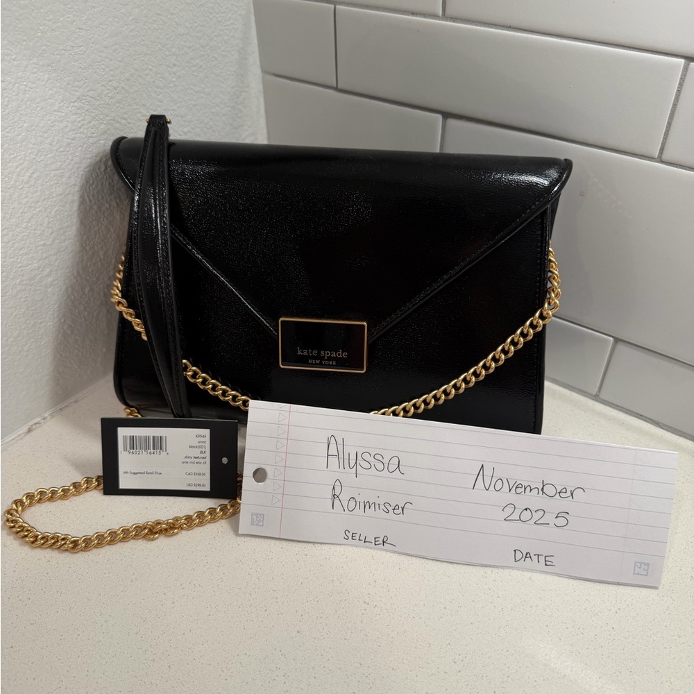 Kate Spade Black Envelope Clutch with Gold Chain